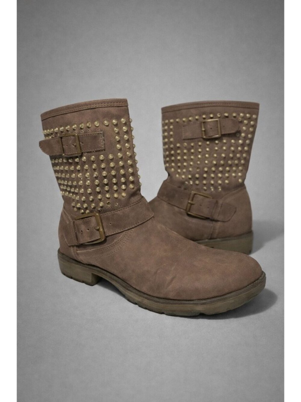 JustFab Women’s Size 7 Brown Boots – Studded, Double Buckle, Flat Sole moto
